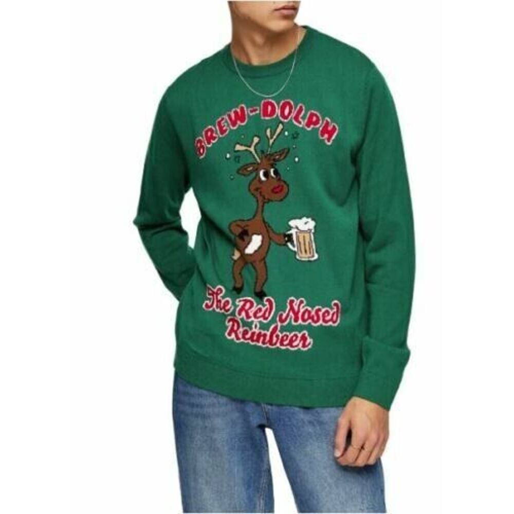 Topman‎ Men's Christmas Brew-Dolph Holiday Crewneck Long Sleeve Sweater X-Small
